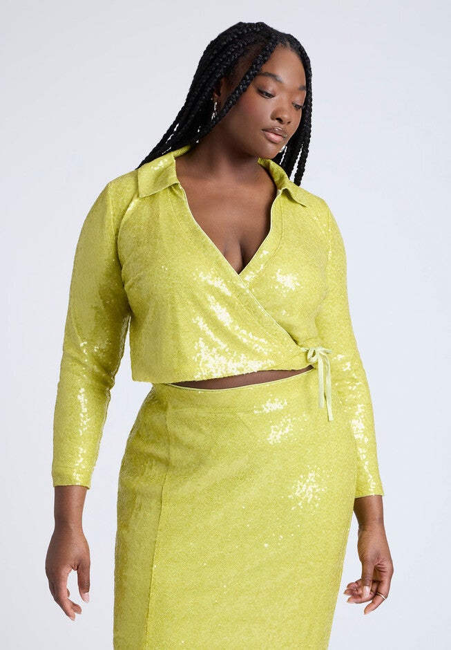 Sequin Wrap Collared Top , GREEN OASIS, hi-res image number null