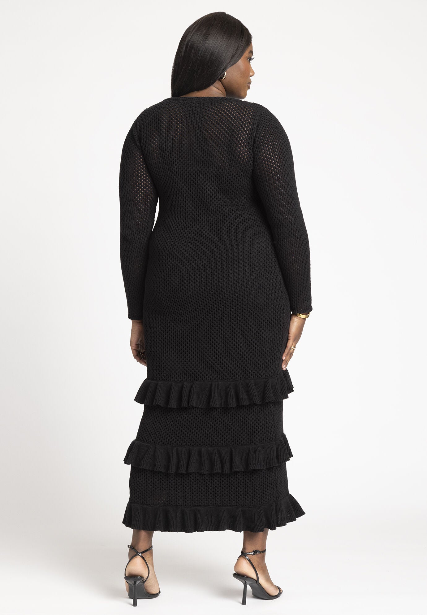 Crochet Open Stitch Maxi Dress With Ruffles, BLACK ONYX, on-hover image number 1