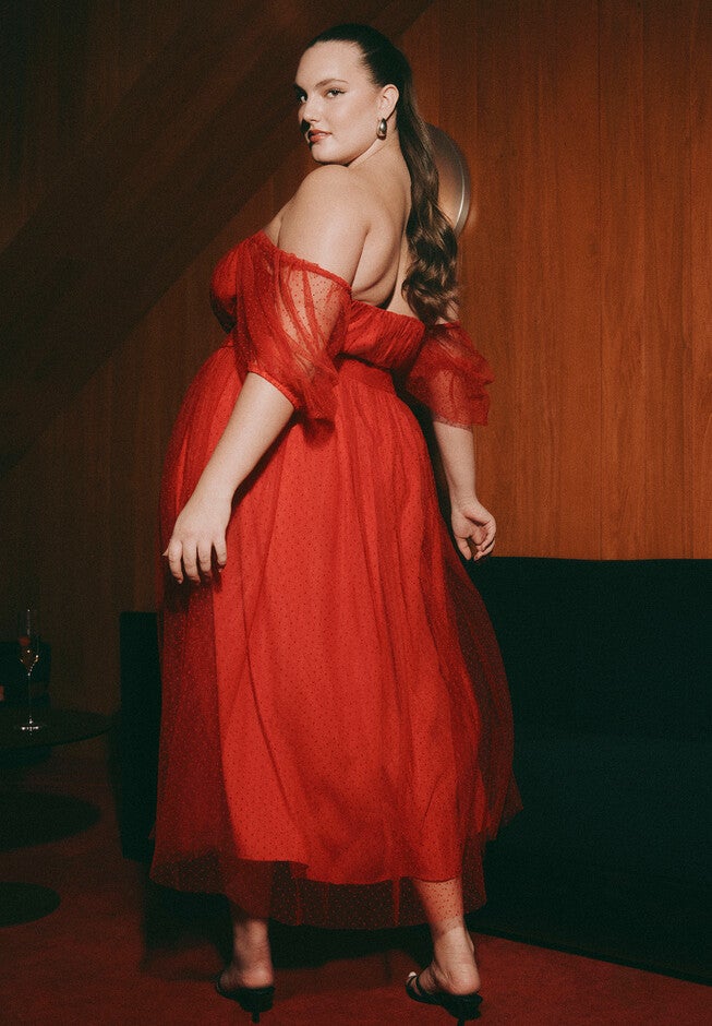 Puff Sleeve Tulle Flare Dress, BARBADOS CHERRY, hi-res image number null