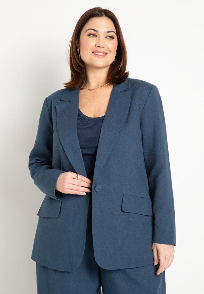 Relaxed One Button Blazer, DARK DENIM, hi-res image number null