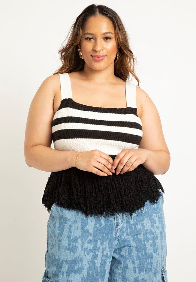 Striped Knitted Fringe Hem Tank, , on-hover image number null