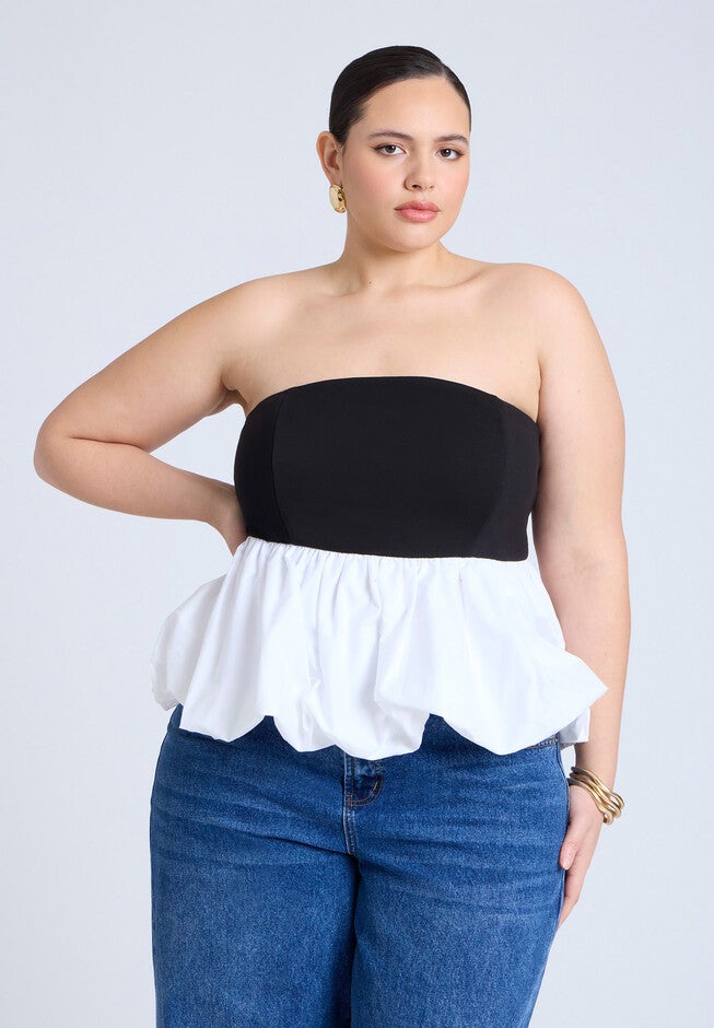 Peplum Tube Top , BLACK WHITE, hi-res image number null