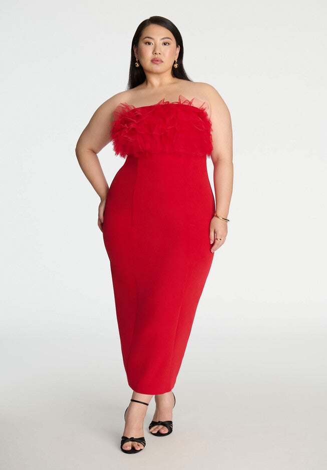 Tulle Bodice Column Dress, BARBADOS CHERRY, on-hover image number null