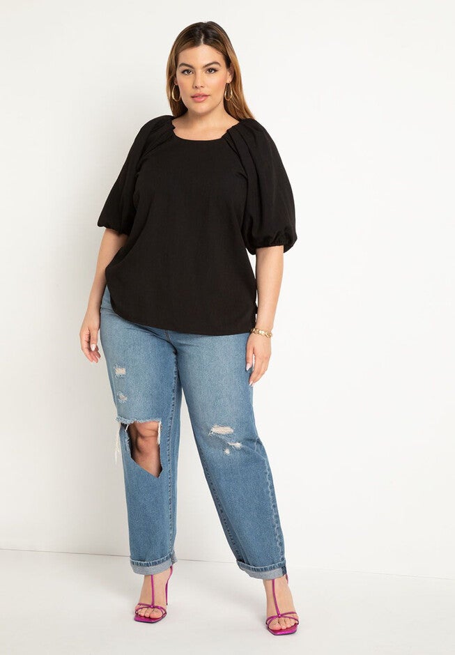 Puff Sleeve Textured Rayon Top, , alternate image number null