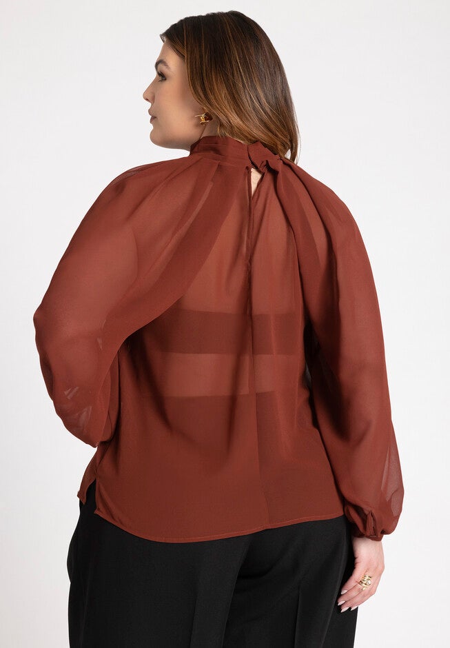 Draped Sleeve Chiffon Top, FIRED BRICK, on-hover image number null