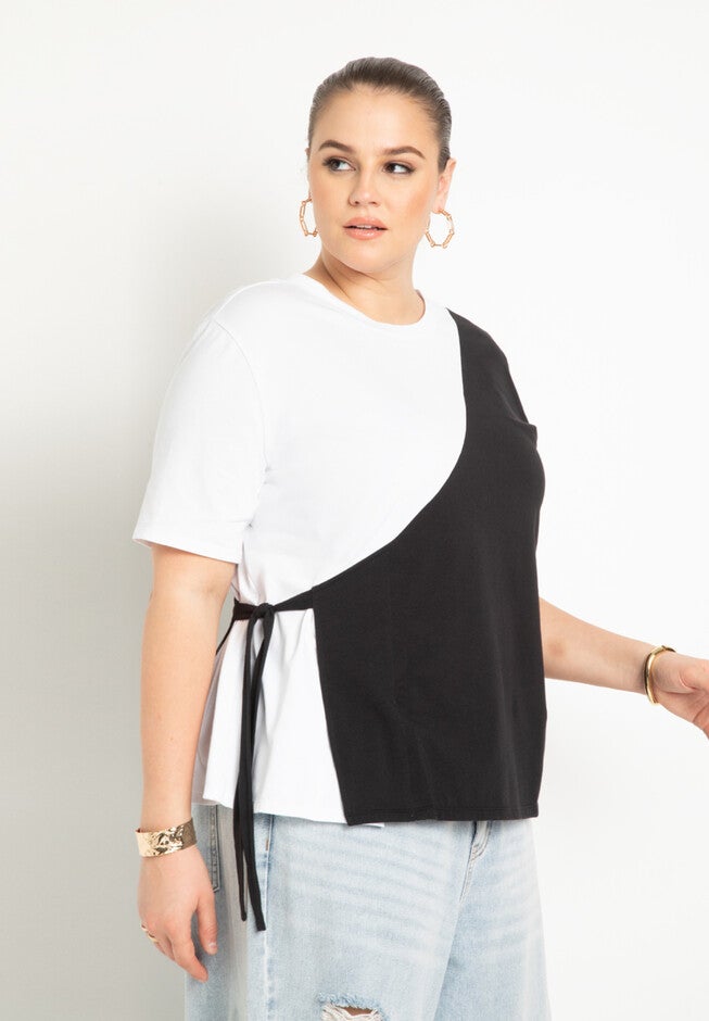 Colorblocked Tee With Stepped Hem, BLACK AND WHITE, hi-res image number null