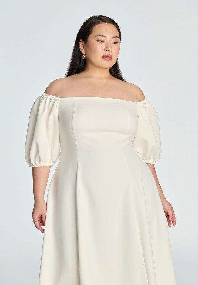 Off The Shoulder Puff Sleeve Midi Dress, SUGAR SWIZZLE, alternate image number null