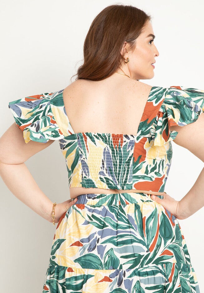 Ruffle Sleeve Printed Crop Top, , on-hover image number null