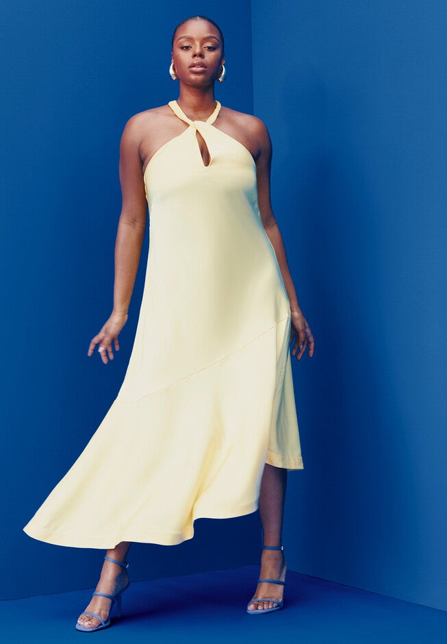 Twisted Neck Satin Maxi Dress, SOFT LEMON, hi-res image number null