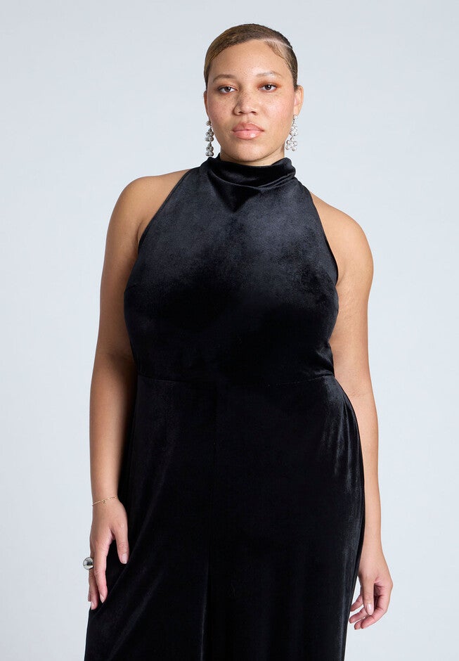 Velvet Halter Jumpsuit, BLACK ONYX, alternate image number null