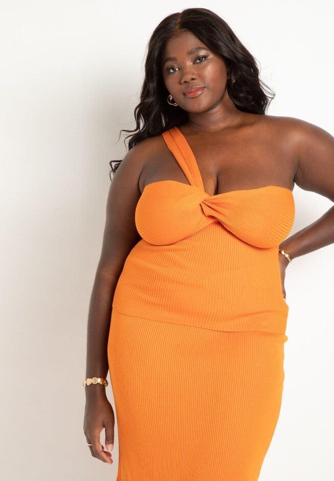 Cropped One Shoulder Knitted Top, RUSSET ORANGE, hi-res image number null