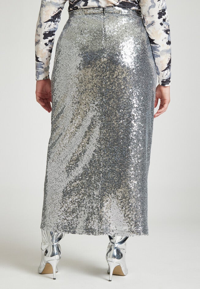 Sequin Shimmer Maxi Skirt With Slit, , alternate image number null
