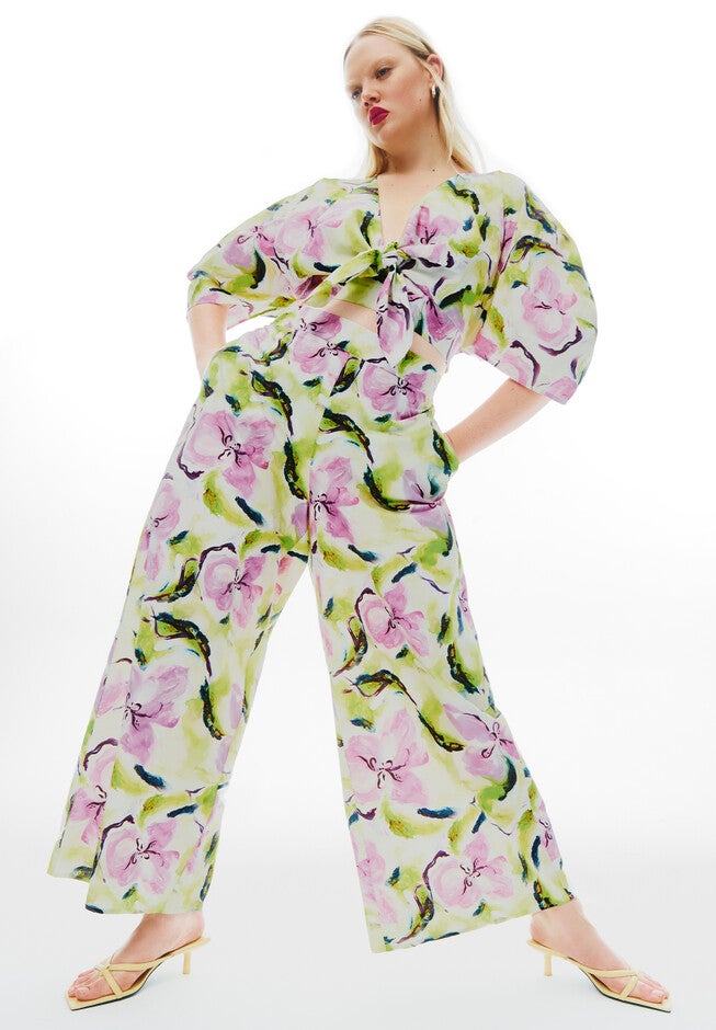 Puff Sleeve Tie Front Crop Top, ABSTRACT FLORAL FLOURISH, alternate image number null