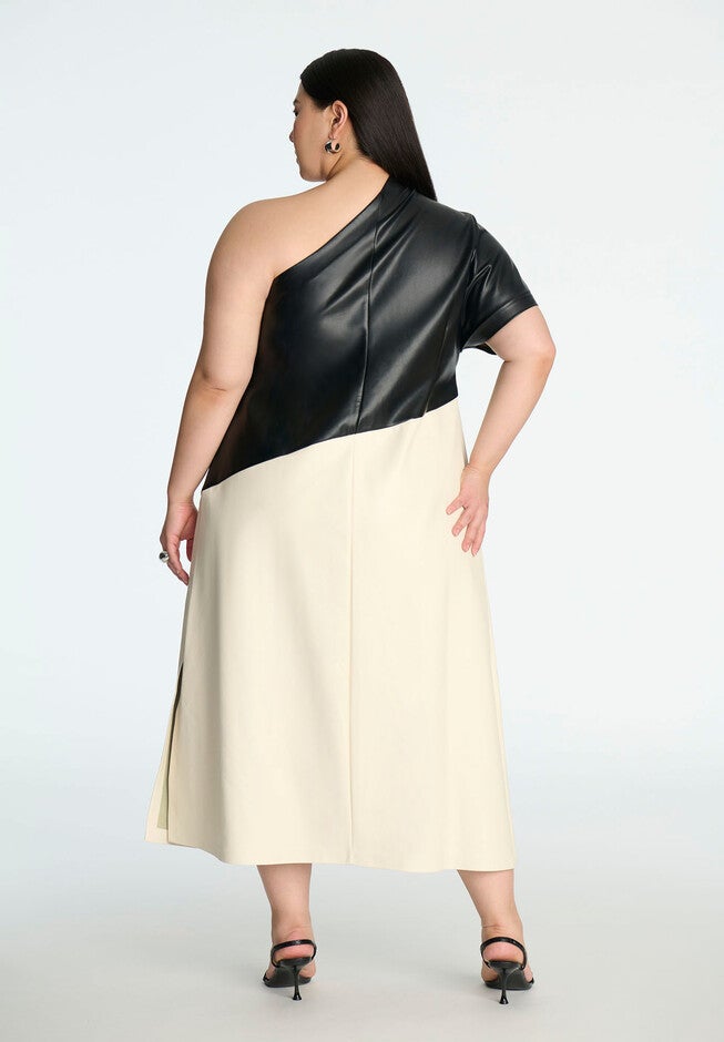 One Shoulder Colorblock Faux Leather Dress, BLACK SUGAR SWIZZLE, on-hover image number null