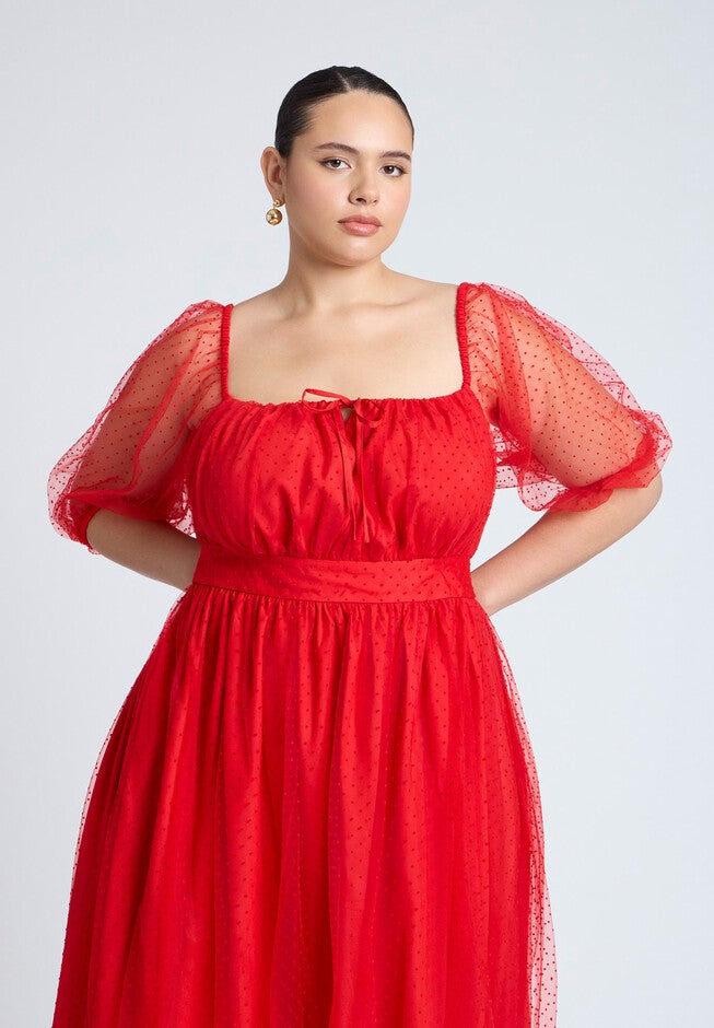 Puff Sleeve Tulle Flare Dress, BARBADOS CHERRY, alternate image number null