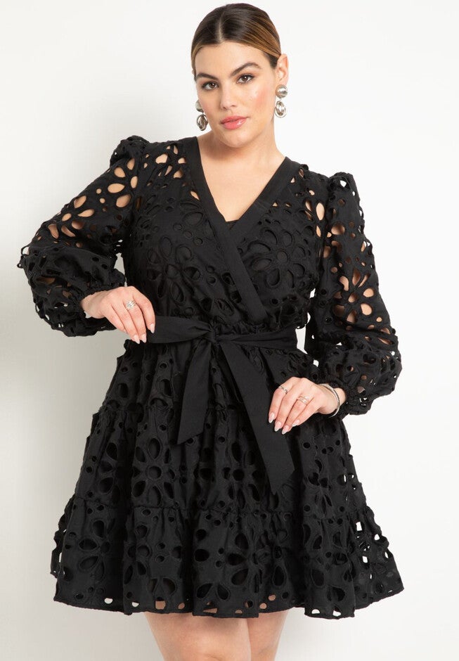 Tiered Eyelet Mini Dress, BLACK ONYX, alternate image number null