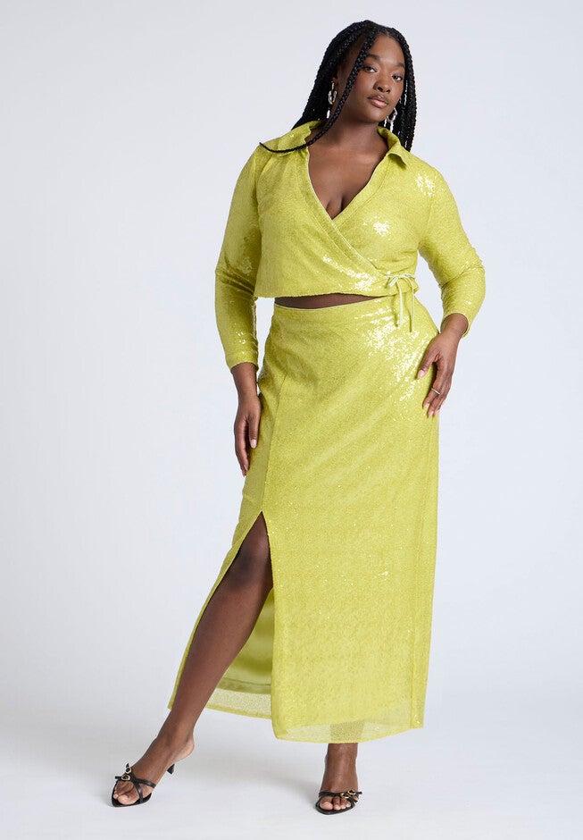 Sequin Wrap Collared Top , GREEN OASIS, alternate image number null