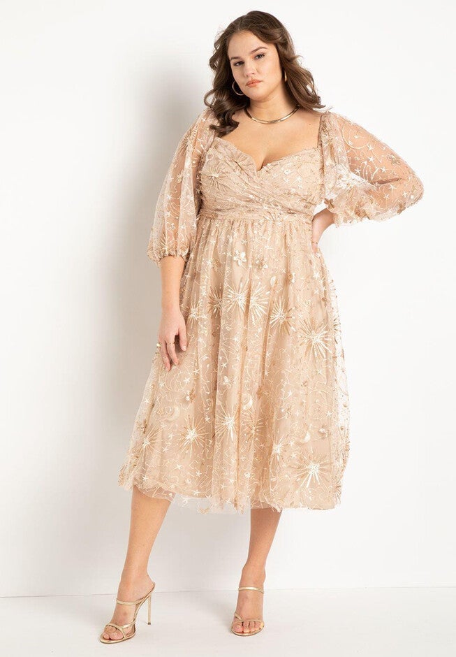 Ruched Bodice Novelty Sequin Dress, GOLD ON CREAM, hi-res image number null