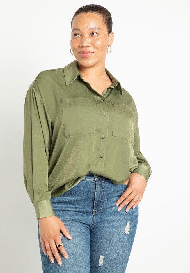 Long Sleeve Satin Button Down, OLIVINE, hi-res image number null