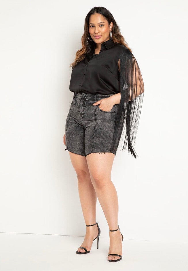 Button Down Top With Fringe Sleeves, , alternate image number null