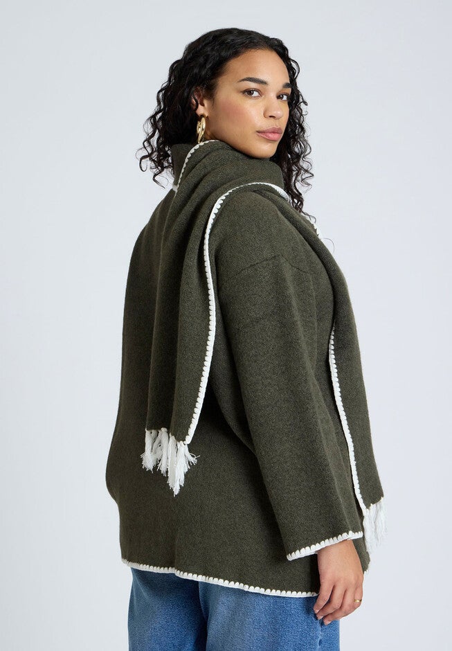 Scarf Sweater Coat, GREEN, on-hover image number null
