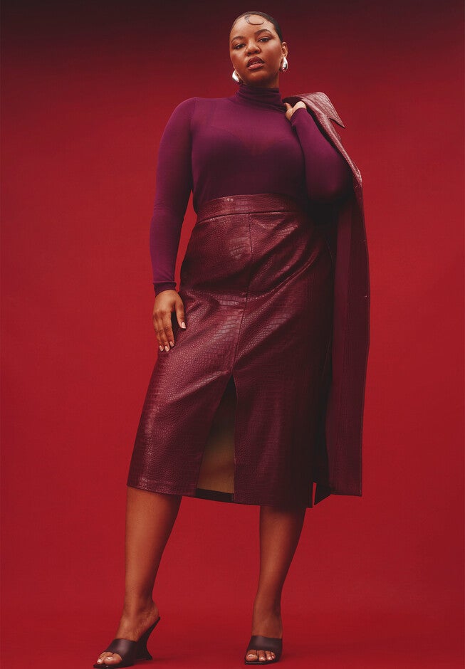 Croc Faux Leather Column Skirt, TAWNY PORT, hi-res image number null