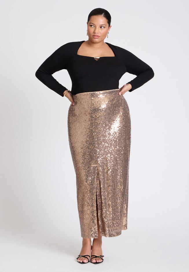 Sequin Shimmer Maxi Skirt With Slit, BRONZE, hi-res image number null