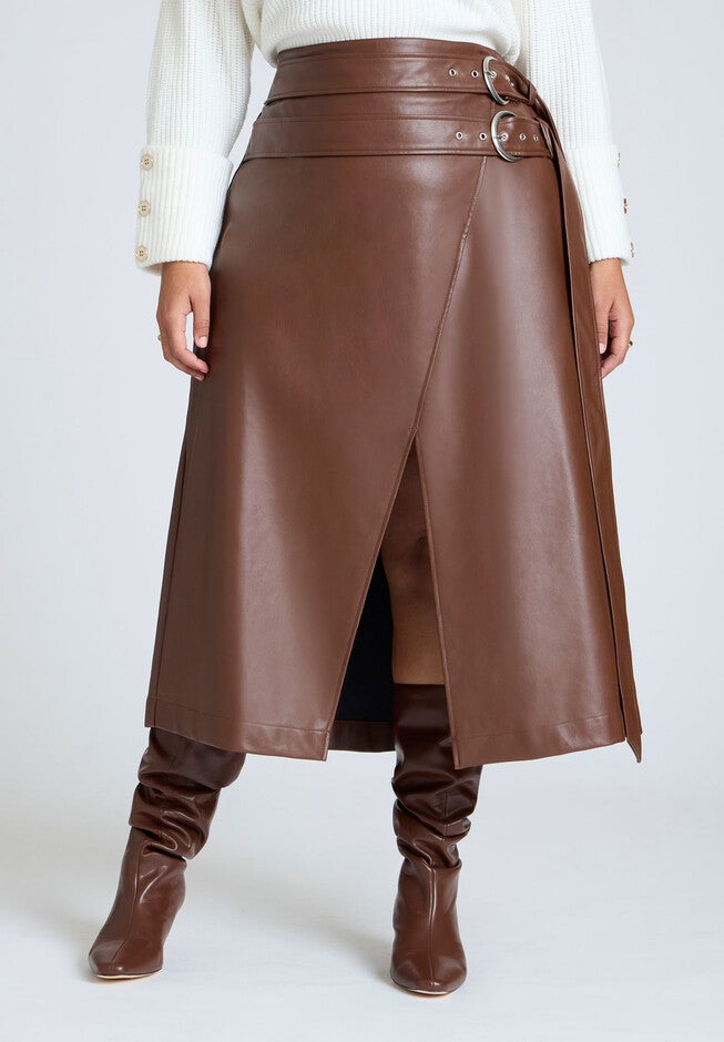 Double Belt Wrap Faux Leather Skirt, ROCKY ROAD, on-hover image number null