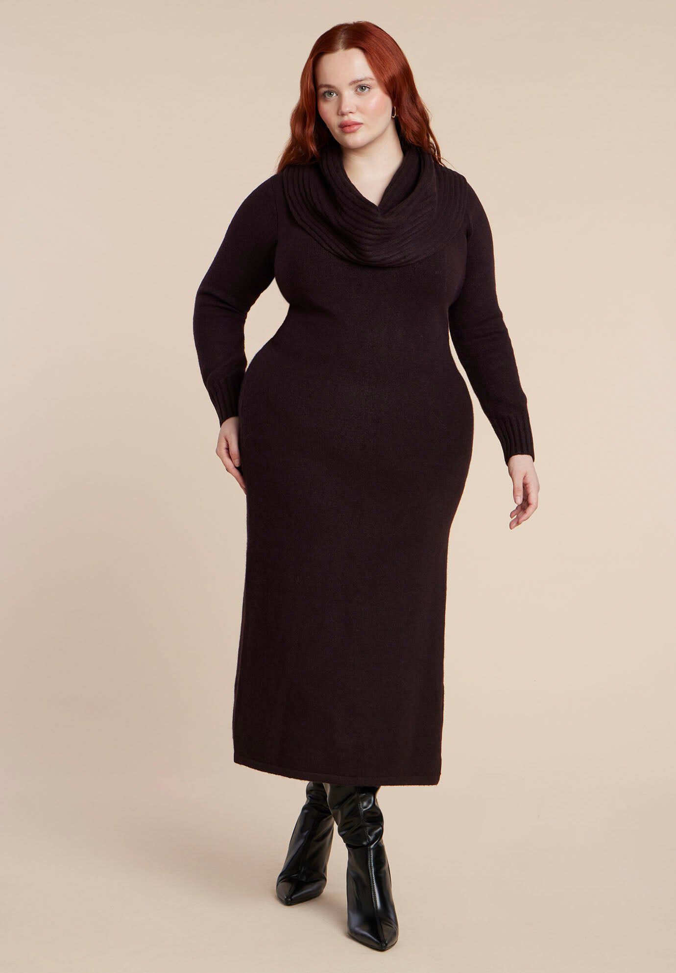 Cowl Sweater Dress, DEEP PLUM, hi-res image number 0