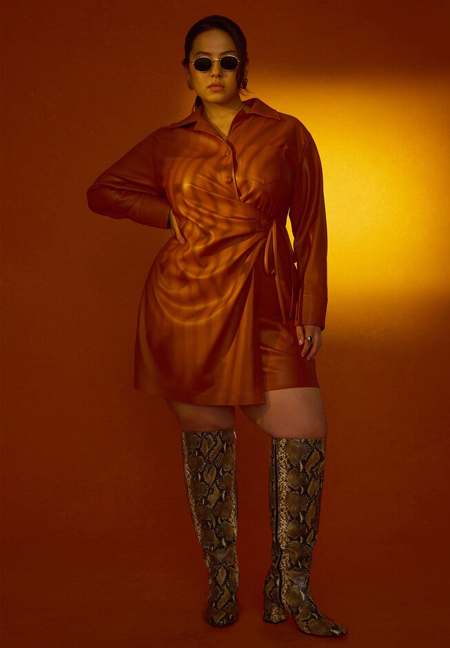Faux Leather Wrap Detail Shirt Dress, UMBER, hi-res image number null