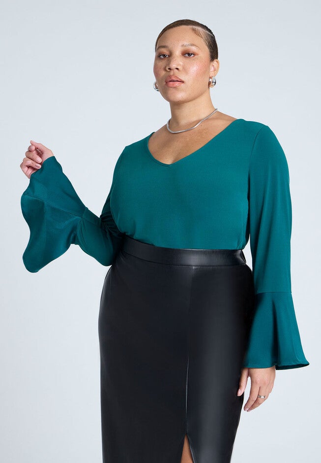 Ruffle Sleeve V-Neck Top, PROUD PEACOCK, hi-res image number null