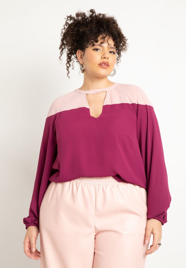 Colorblocked V Neck Top, PURPLE POTION AND DU, hi-res image number null