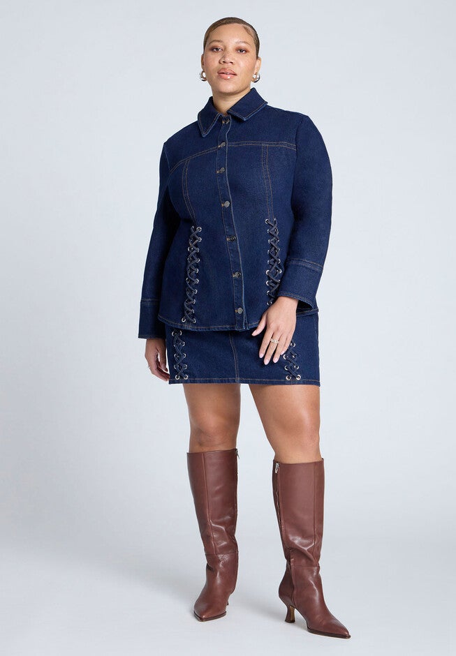 Laced Denim Mini Skirt, DARK RINSE, hi-res image number null