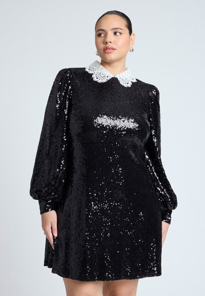 Lace Collar Sequin Mini Dress, BLACK ONYX, alternate image number null
