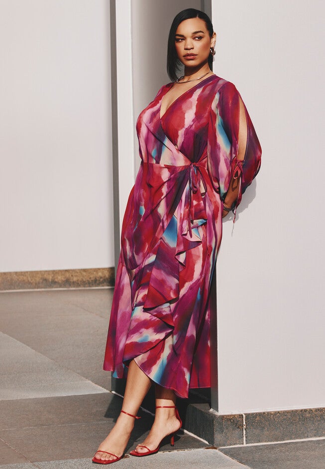 Flare Sleeve Wrap Dress, PAINTER'S SUNRISE, alternate image number null