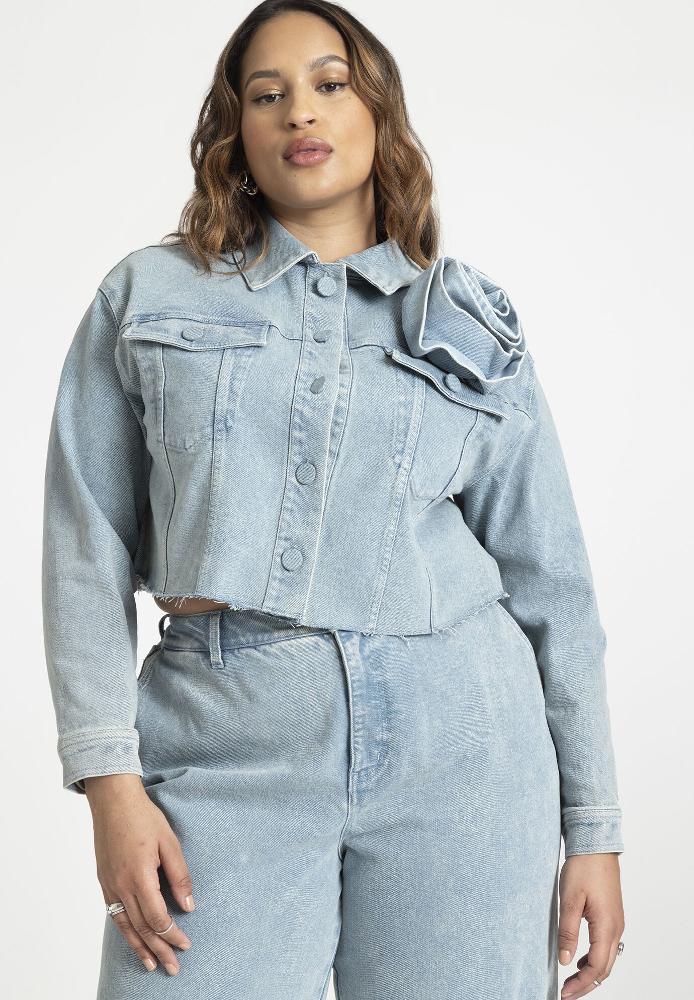 Denim Rosette Cropped Jacket, , on-hover image number 1