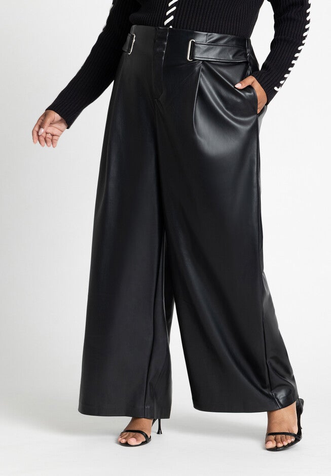 Faux Leather Pant With Belt Detail, BLACK ONYX, alternate image number null