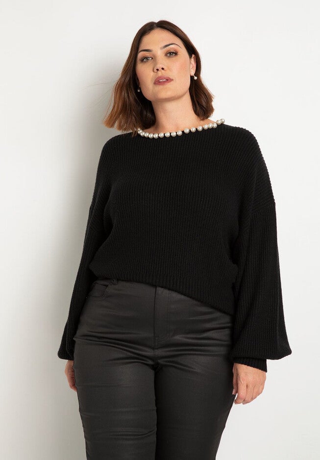 Pearl Neckline Sweater, BLACK ONYX, hi-res image number null