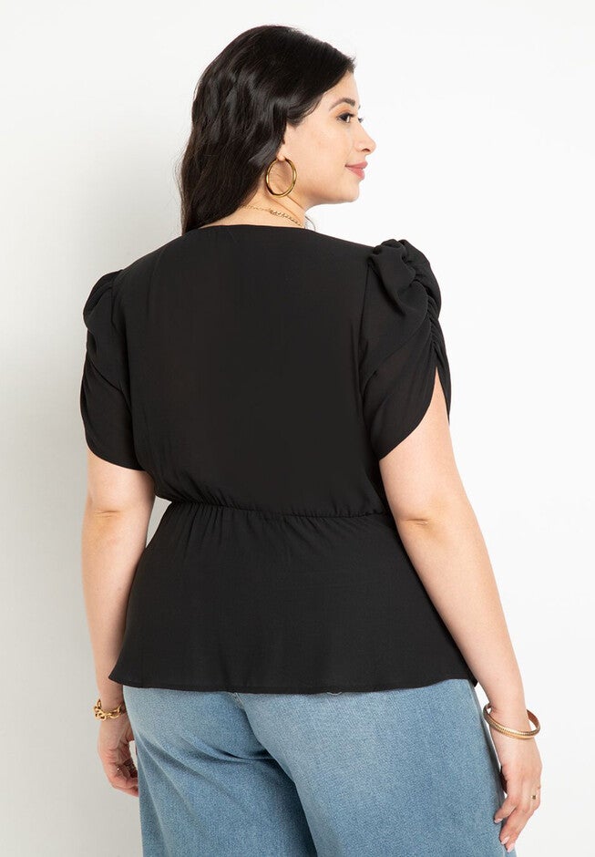 V Neck Flat Peplum With Shirred Sleeve, , on-hover image number null