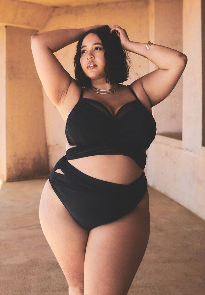 Gabi Fresh Swim x ELOQUII Wrap Detail Mesh High Waisted Bikini Bottom, TOTALLY BLACK, hi-res image number null