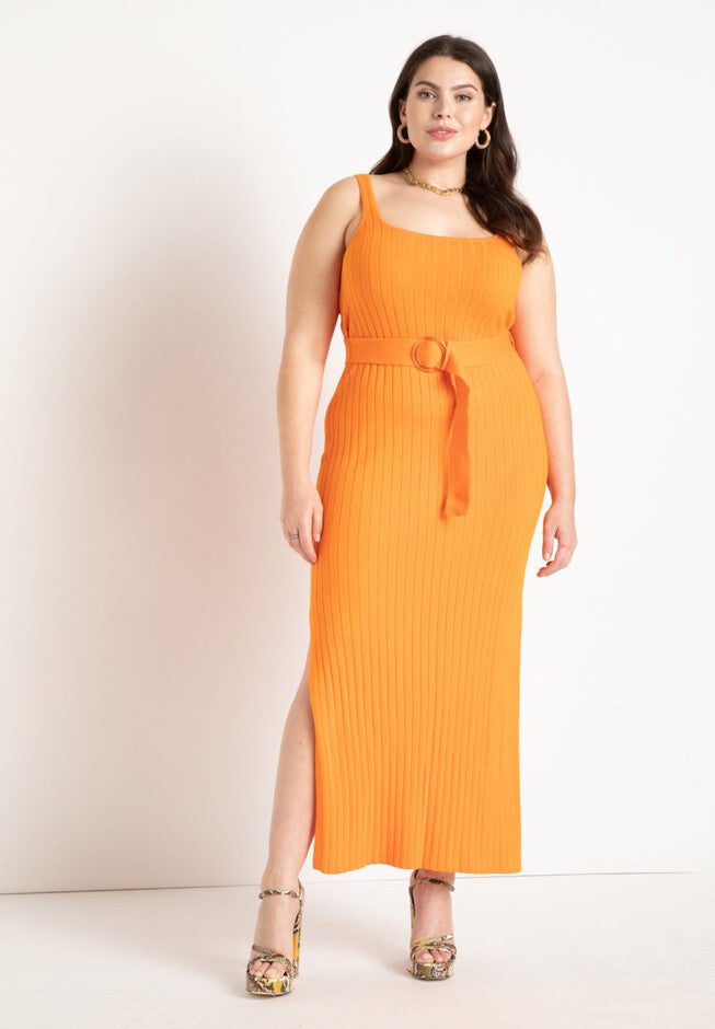 Knitted Rib Maxi Dress With Belt, RUSSET ORANGE, hi-res image number null