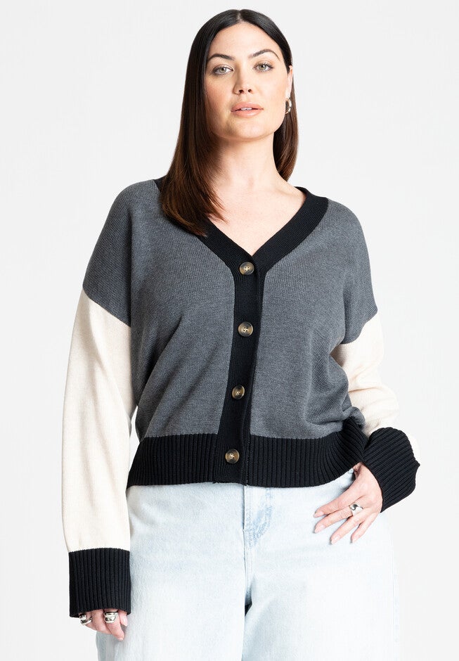 Colorblocked Boxy Cardigan, HEATHER GREY, hi-res image number null