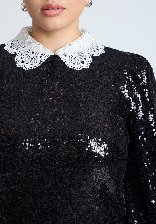 Lace Collar Sequin Mini Dress, BLACK ONYX, alternate image number null