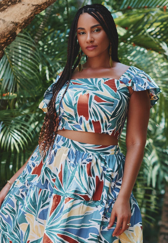 Ruffle Sleeve Printed Crop Top, MANAROLA, hi-res image number null