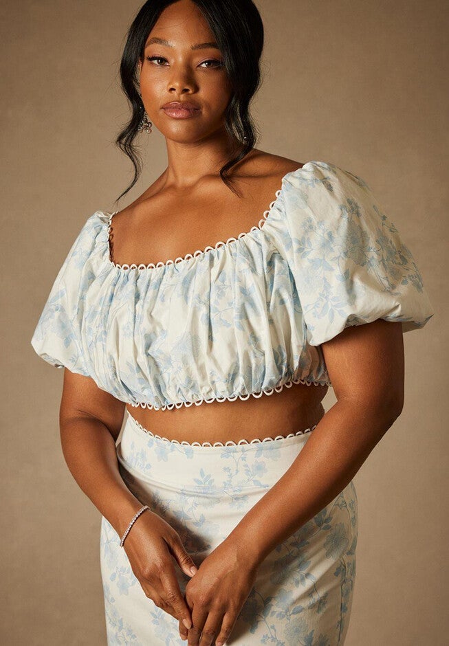 Bridal by ELOQUII Printed Puff Sleeve Top, SOMETHING BLUE, hi-res image number null