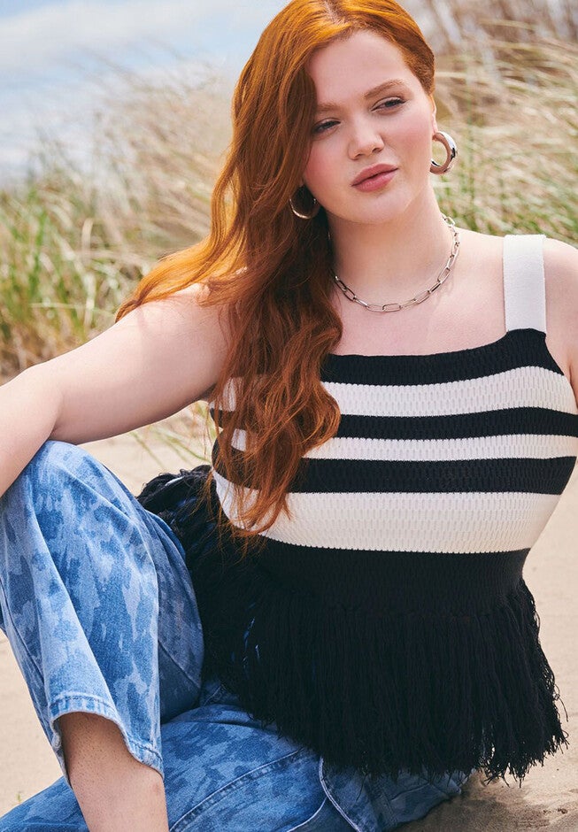 Striped Knitted Fringe Hem Tank, BLACK WHITE STRIPE, hi-res image number null