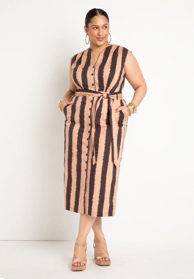 Belted Midi Dress, DESERT INK STRIPE, hi-res image number null