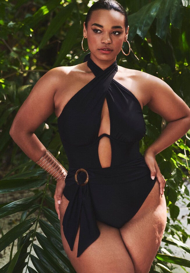 Twist Halter Swimsuit with Underwire Detail, BLACK, hi-res image number null
