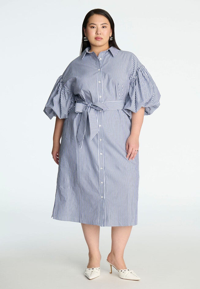 Balloon Sleeve Shirt Dress, NAVY/WHITE STRIPE, hi-res image number null