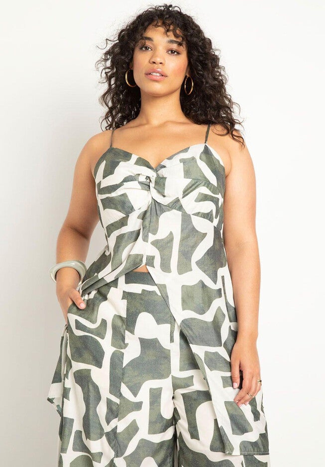 Twist Bodice Long Top With Split, SAND BLOCKS - GREEN, hi-res image number null